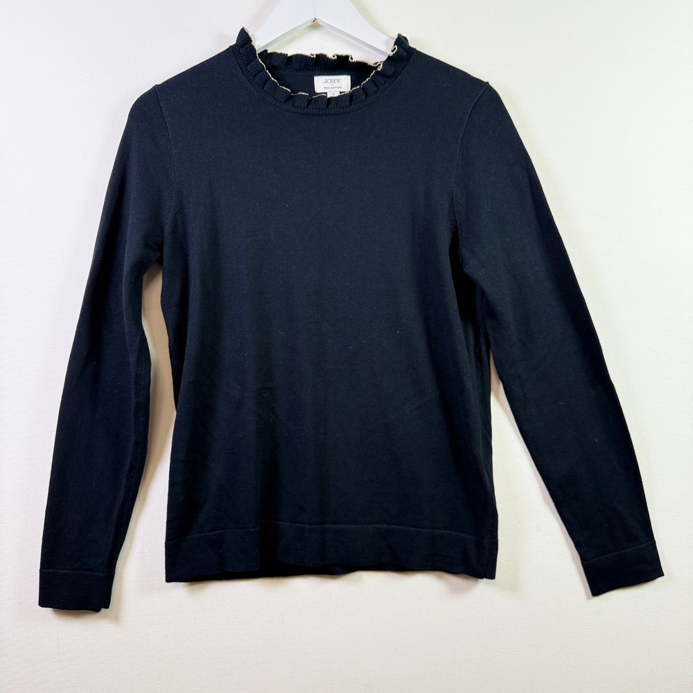 J.CREW Black Ruffle Neck Gold Trim Cotton Sweater S CP336